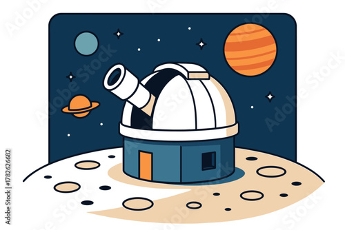 Colorful observatory on lunar surface with stars and planets in night sky