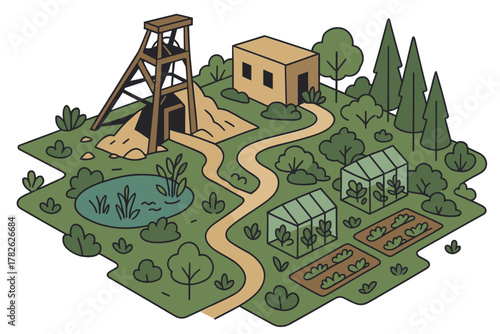 Sustainable forestry and agriculture scene with greenhouses and mine