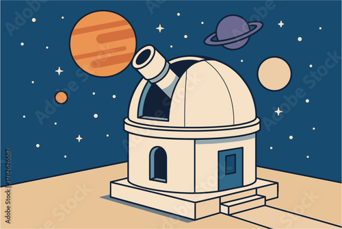 Flat design observatory with planets and stars in night sky