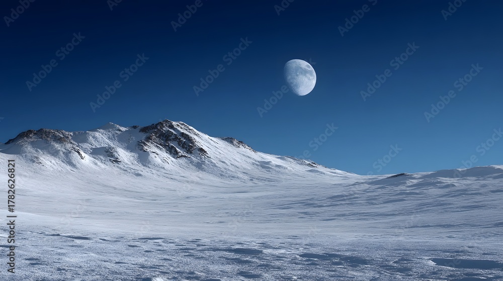 Fototapeta premium A vast snow covered mountain landscape under a clear blue sky with a bright moon