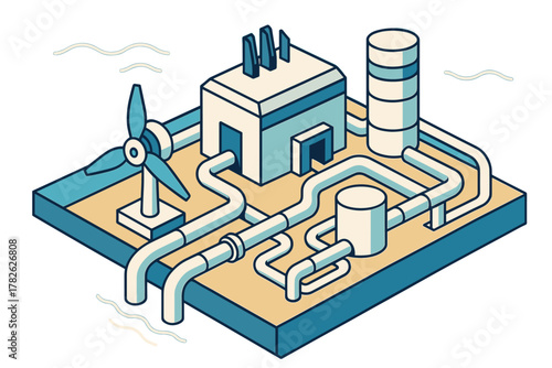 Isometric industrial facility with wind turbine and pipelines for energy production