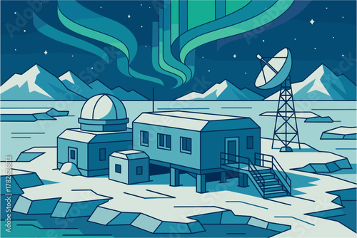 Polar research station under northern lights with starry sky and mountains