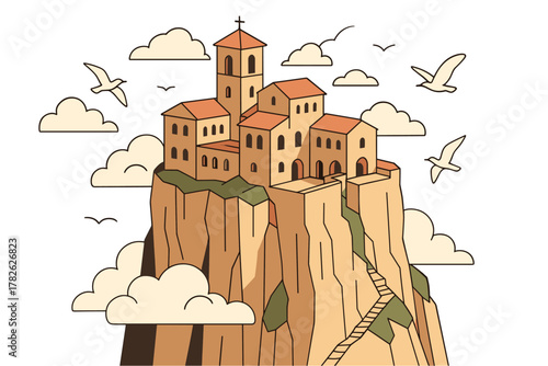 Ancient cliffside monastery with birds and clouds in flat style