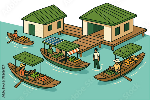 Floating market scene with boats and local vendors in a vibrant flat design