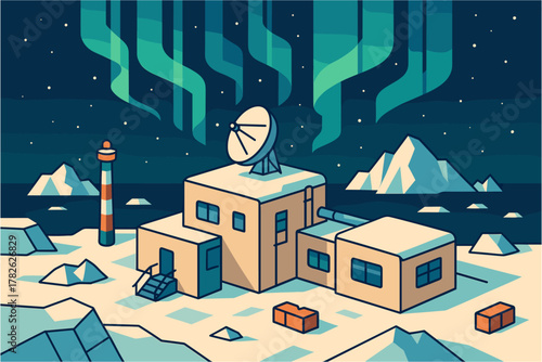 Arctic research station under northern lights in winter night landscape