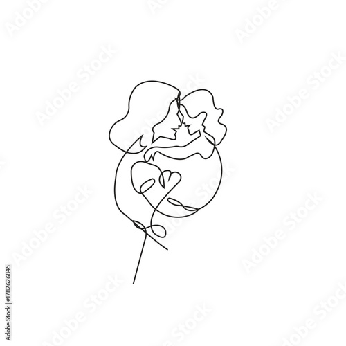 Mother With Daughter One Line Art