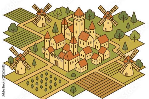 Isometric medieval village with windmills and farmland in vintage style