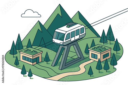 Cable car in mountain landscape with trees and houses in flat design