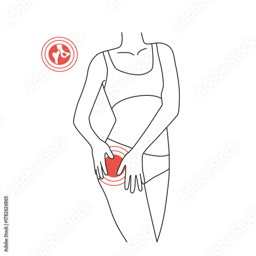 Vector line woman holding her leg with hip joint pain. Outline sick body having disease with symptoms of arthritis, osteoarthritis, tendinitis or bursitis in pelvic area. Black illustration of