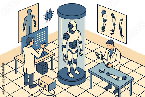 Futuristic robotics laboratory with scientists and advanced humanoid development