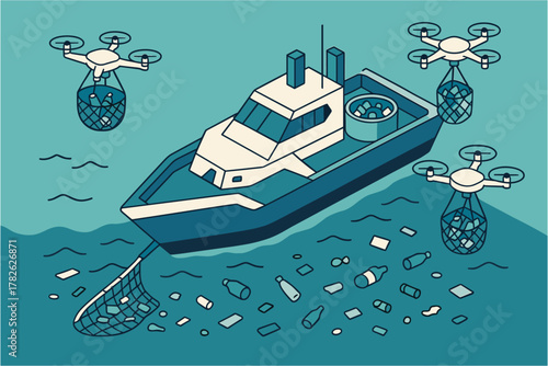 Eco-friendly drones and boat collecting ocean plastic pollution