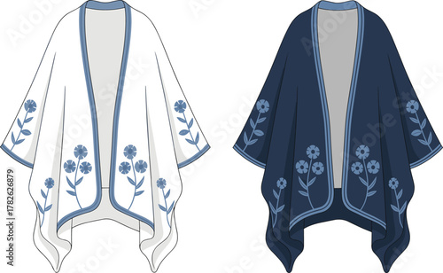 Embroidered poncho front view, floral border design, asymmetrical hemline, fashion flat sketch, cad drawing, vector apparel template, illustration