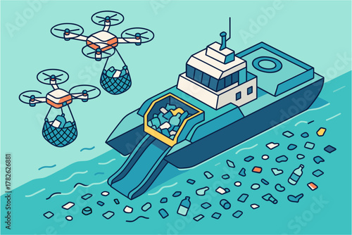 Eco-friendly technology: drones and ship cleaning ocean pollution