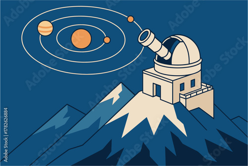 Observatory on mountain top with planetary orbit in retro style