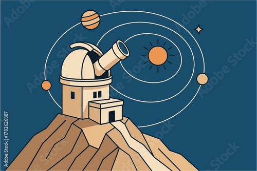 Observatory on mountain with celestial orbits and planets in retro flat style