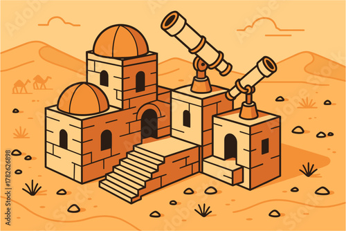 Ancient desert observatory with telescopes and domes in minimalist style