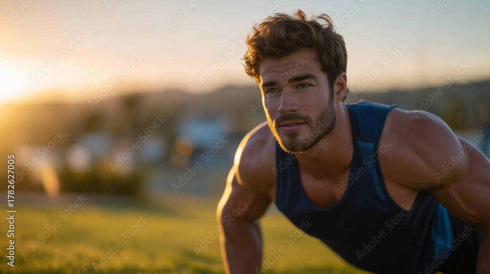 Fototapeta premium Intense fitness training scene of athletic male performing pushups at twilight, golden beams highlighting toned muscles, open park landscape glowing under evening light