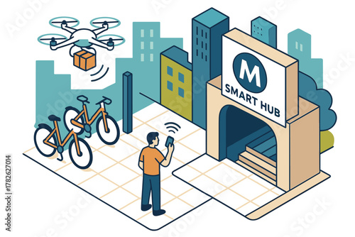 Smart city isometric concept with drone delivery and bike sharing hub
