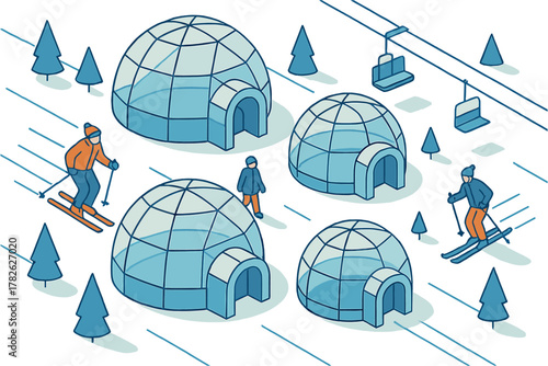 Winter fun in isometric igloo ski resort with skiers and pine trees