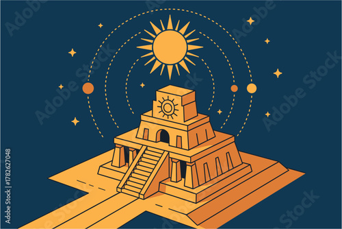 Ancient mesoamerican temple with sun and stars in geometric isometric design