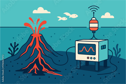 Underwater volcanic activity monitoring with modern technology in bold art style