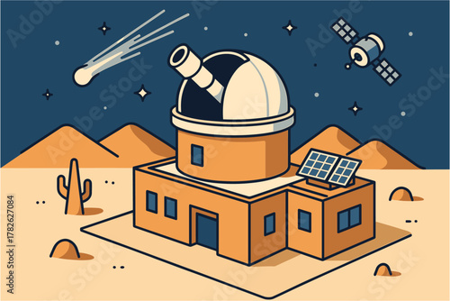 Nighttime observatory in desert with telescope and satellite