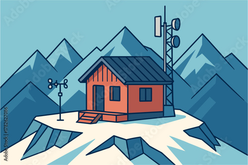 Mountain cabin with weather station and communication towers in flat design