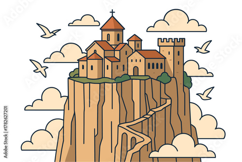 Medieval cliffside monastery surrounded by clouds and birds in line art style