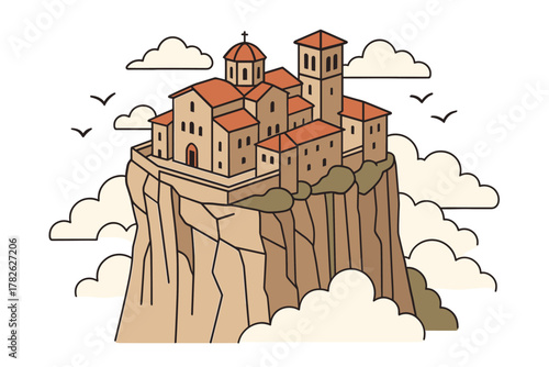 Mountain monastery on cliff surrounded by clouds with birds in minimalist style