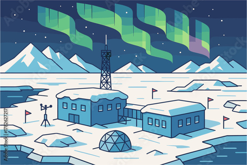 Atmospheric arctic research base under northern lights in flat style