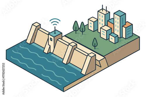 Isometric smart city with hydroelectric dam and green space