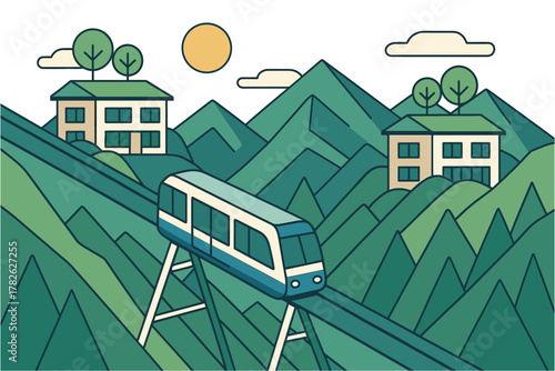 Cable car on mountain slope with modern houses and scenic hillside in geometric flat design