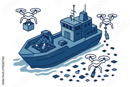 Futuristic drone-assisted ocean cleanup operation with isometric design