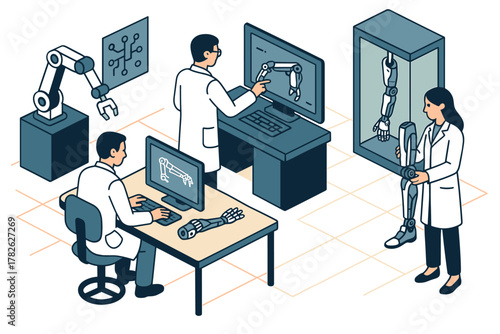 Scientists and engineers developing robotic prosthetics in a futuristic lab setting