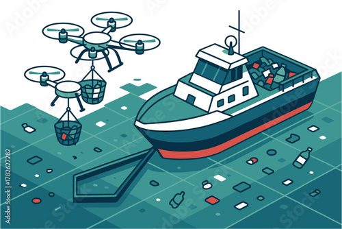 Isometric drones assisting ship in ocean cleanup mission