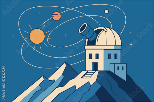 Observatory on mountain top with celestial bodies in line art style