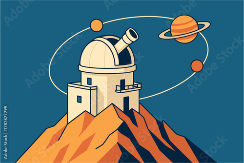 Observatory on mountain with planets in space orbiting design
