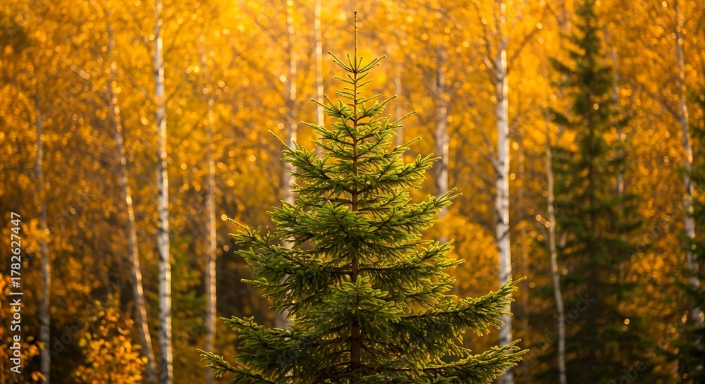 Fototapeta premium Vibrant Autumn Forest with Evergreen and Golden Birch Trees.