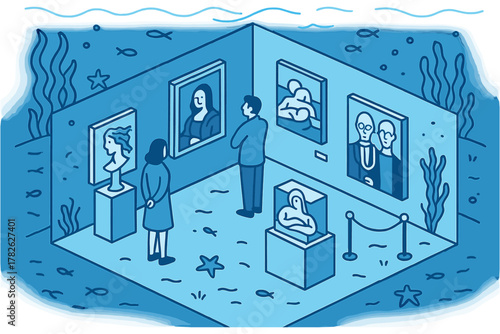 Underwater isometric art gallery with iconic paintings and sculptures