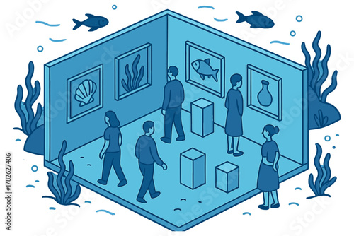 Isometric underwater art gallery scene with visitors and marine life decor