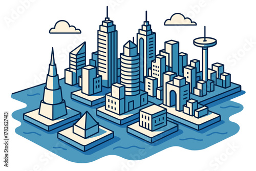 Futuristic isometric cityscape with geometric skyscrapers and urban architecture