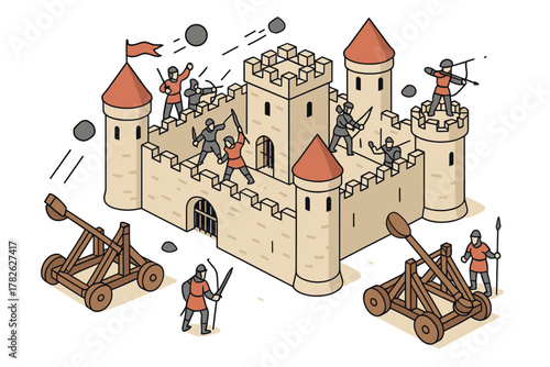 Medieval castle siege with catapults and archers in isometric style