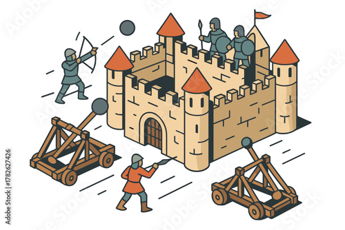 Medieval fortress defense with knights and catapults isometric style