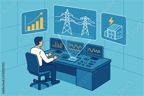 Control room with operator monitoring energy systems and power grid data in isometric style