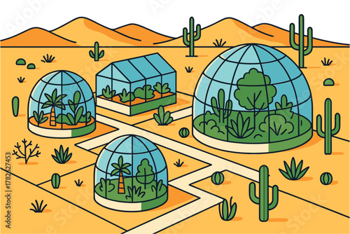 Geodesic desert greenhouses with cacti and sand dunes in a modern flat design