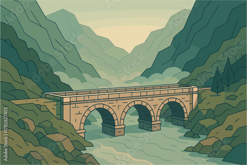 Scenic landscape with stone bridge and serene river in mountain valley