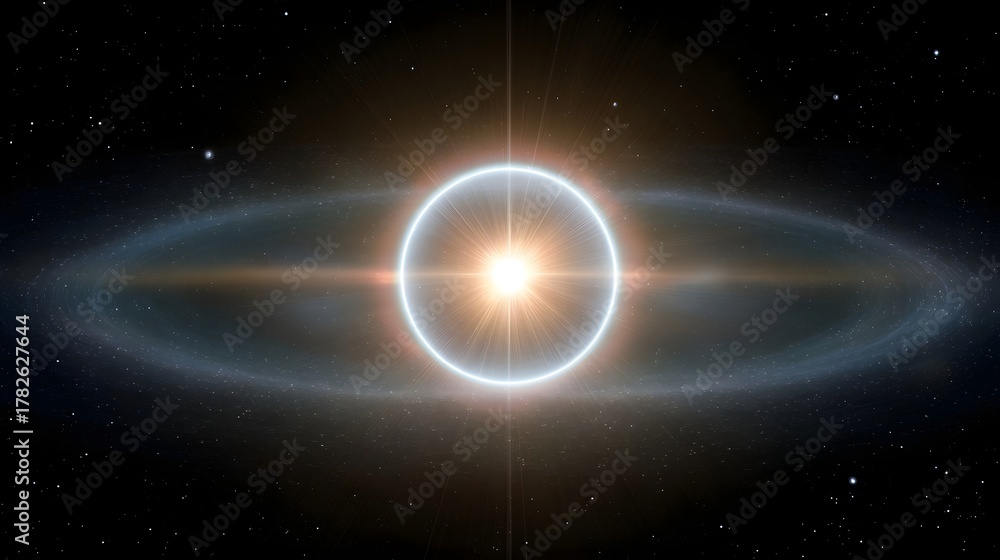 Obraz premium A brilliant glowing star is encircled by a luminous ring of cosmic dust and debris in the vastness of space with radiant light rays emanating from