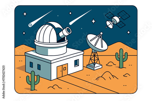 Nighttime observatory with telescope and satellite in desert scene