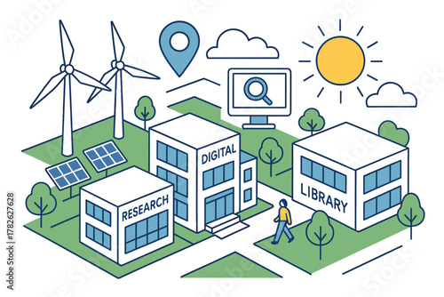 Isometric eco-friendly educational campus with renewable energy and digital library