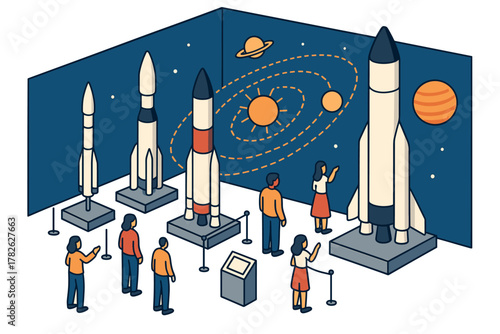 Space exhibit featuring rocket models in museum with visitors exploring astronomy